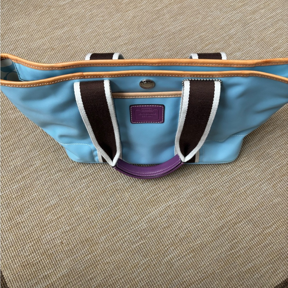 Coach Blue and Brown Tote with Purple Accent